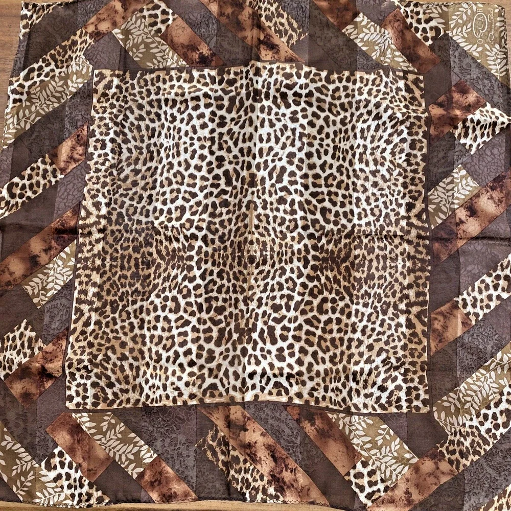 Silky Animal Print Scarf Square Bandana Neckerchief Burnout Stripes Brown Tan